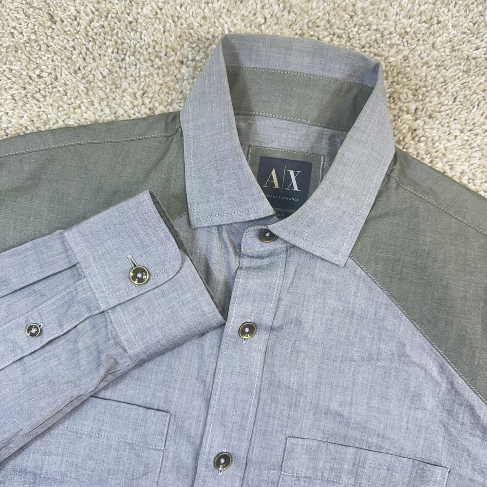 Armani Exchange Button Down Shirt Men Small‎ Gray Olive Green Colorblock Yoke